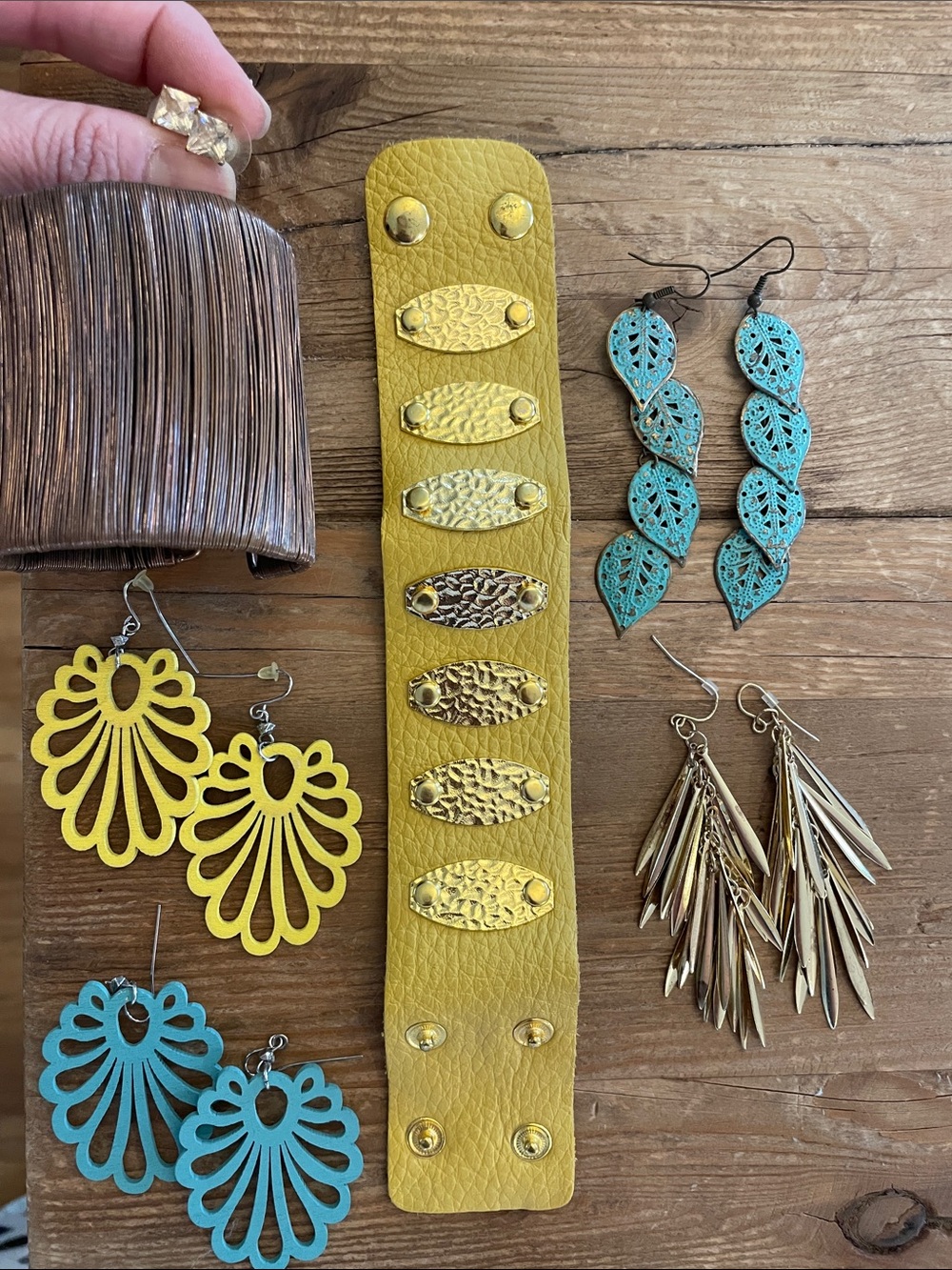 Yellow Leather Cuff Bracelet with Gold Accents
